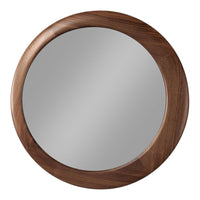 Round mirror with a smooth, walnut wood frame, featuring a sleek, minimalist design. Perfect for modern decor.