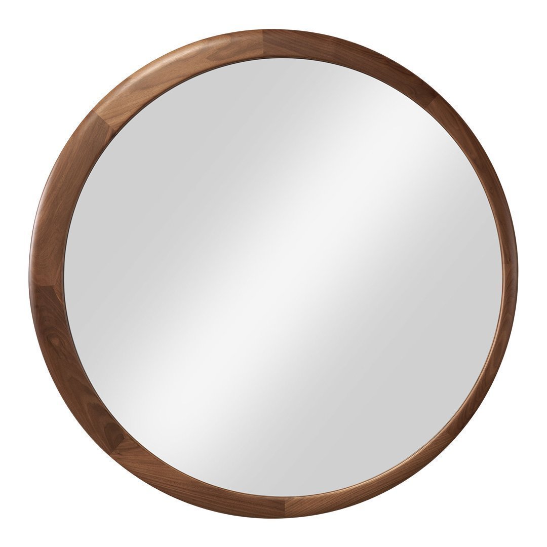 Round mirror with a natural wood frame, featuring a smooth, reflective surface and warm, earthy tones.