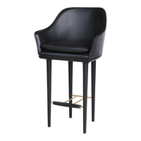 Stylish black leather bar stool with sleek black legs and gold footrest accents, perfect for modern decor.