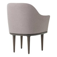 "Soft gray upholstered chair with smooth curves and dark wood legs, adding elegance to any space."
