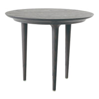 Dark round table with a smooth, patterned top and tapered wooden legs, adding a modern touch to any space.