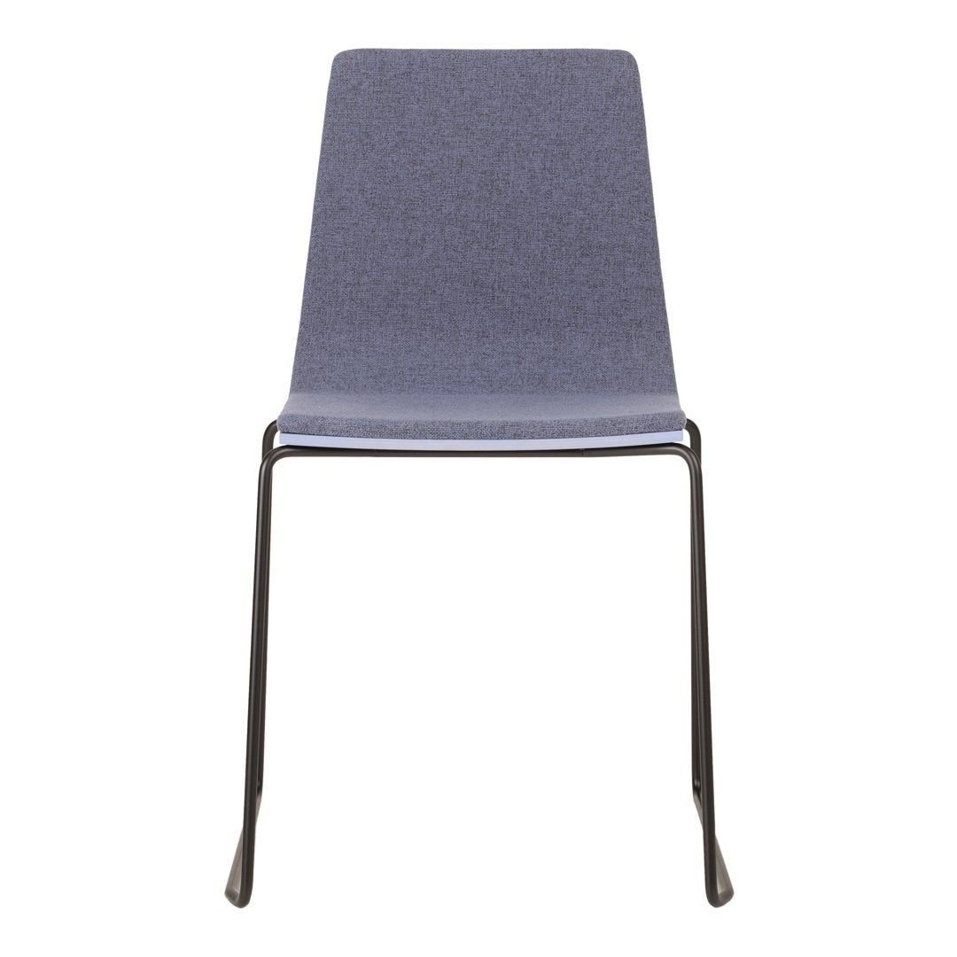 Modern gray chair with a sleek, minimalist design and subtle texture, featuring a black metal frame.