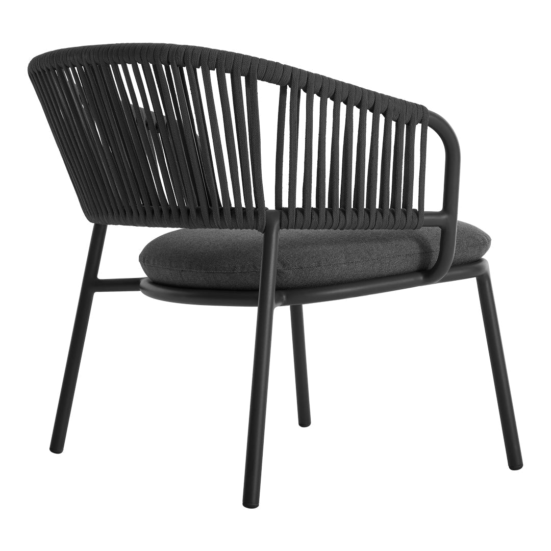 Black woven chair with a comfortable gray cushion, featuring a modern, minimalist design and simple lines.