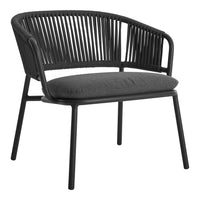 Black woven chair with a sleek design and a dark gray cushion for modern appeal. Ideal for stylish interiors.