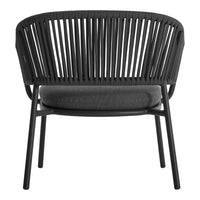 Black lounge chair with sleek vertical slats and a dark gray cushion for modern, stylish seating.