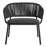 Black chair with a ribbed design and gray cushion, featuring sleek lines and modern aesthetic.