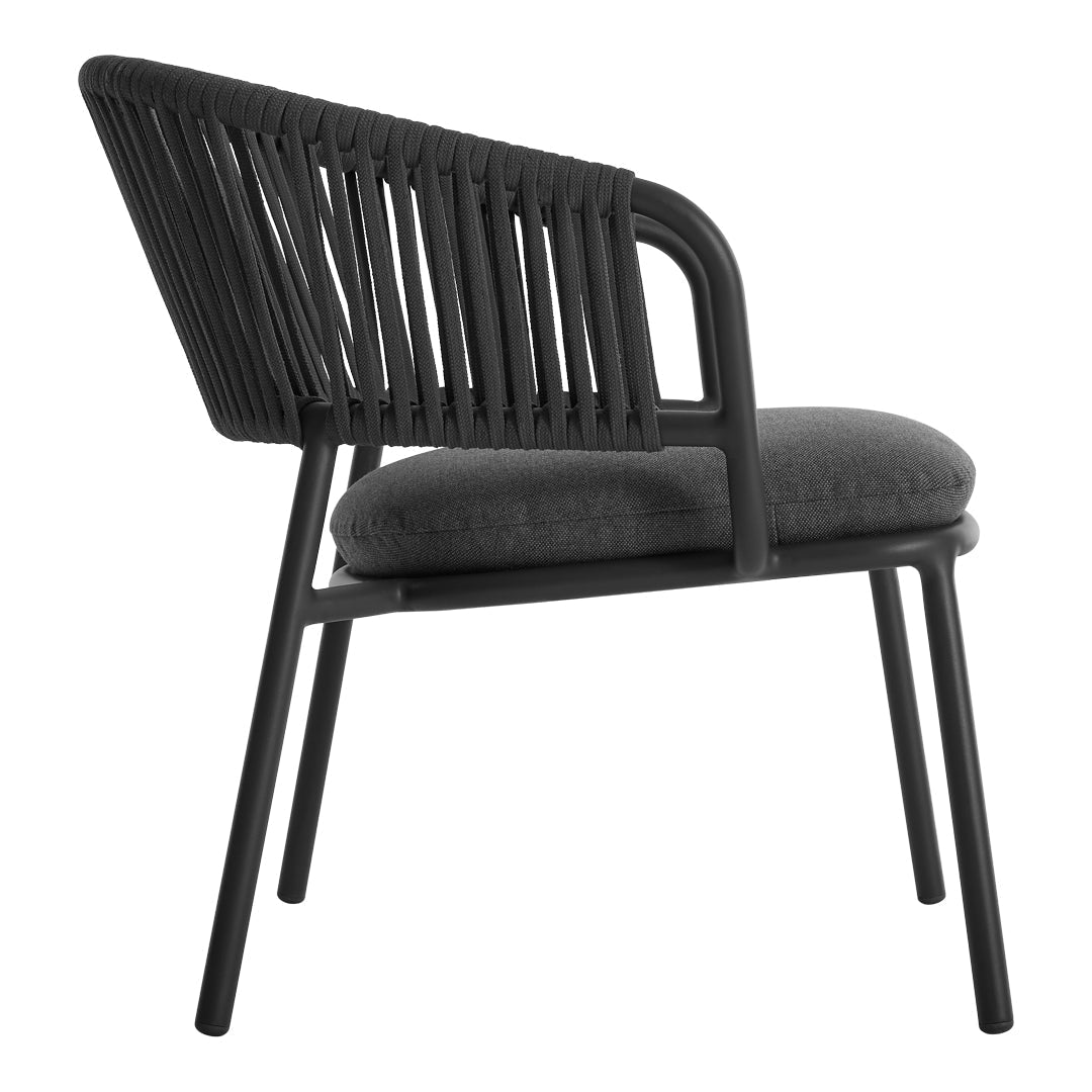 Black woven lounge chair with a sleek design and gray cushioned seat, ideal for modern outdoor decor.