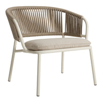 Natural beige fabric cushion with a woven light brown rattan pattern on a sleek white metal frame.