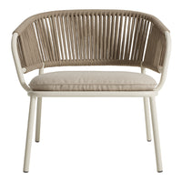 Beige and taupe ribbed fabric chair with a cream-colored frame and matching cushioned seat. Modern, minimalist design.