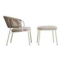 Modern beige and cream chair with a slatted back and matching ottoman, ideal for stylish indoor or outdoor spaces.