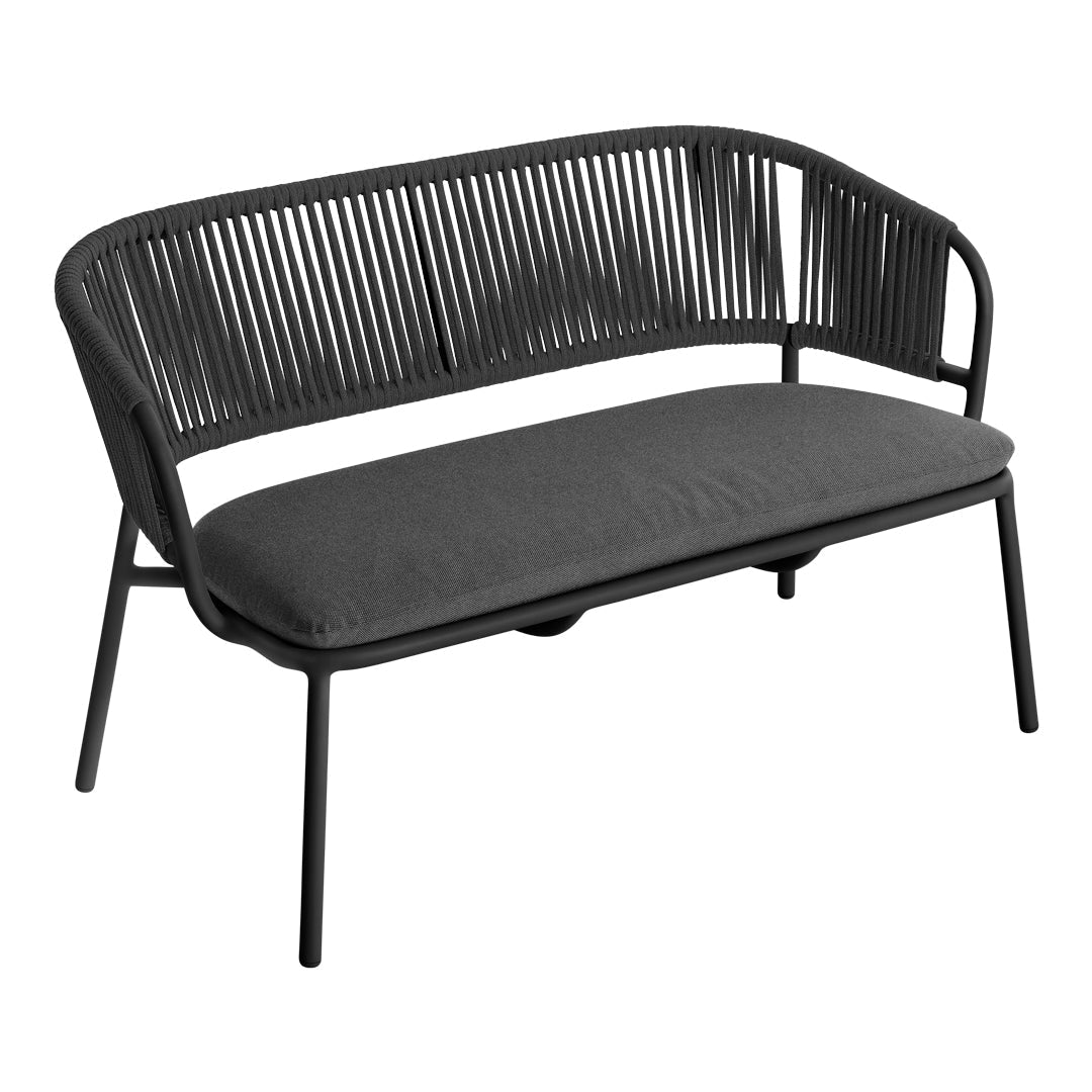 Modern black outdoor loveseat with sleek vertical slat design and soft dark gray cushion for stylish comfort.