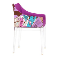 Vibrant purple chair with colorful geometric patterns and transparency detail. Modern design for stylish interiors.