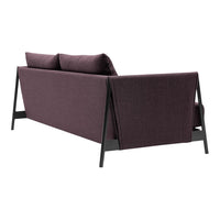 Modern purple fabric sofa with sleek black metal frame and minimalist design. Ideal for contemporary living spaces.