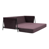 Modern purple and black sofa with a sleek, minimalist design and a smooth fabric surface. Perfect for contemporary spaces.