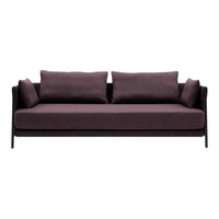 Deep purple sofa with sleek black frame and matching cushions, offering a modern, minimalist design.