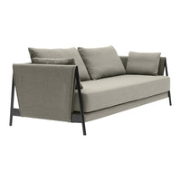 Light gray sofa with soft cushions, featuring a minimalist design and sleek black metal legs.