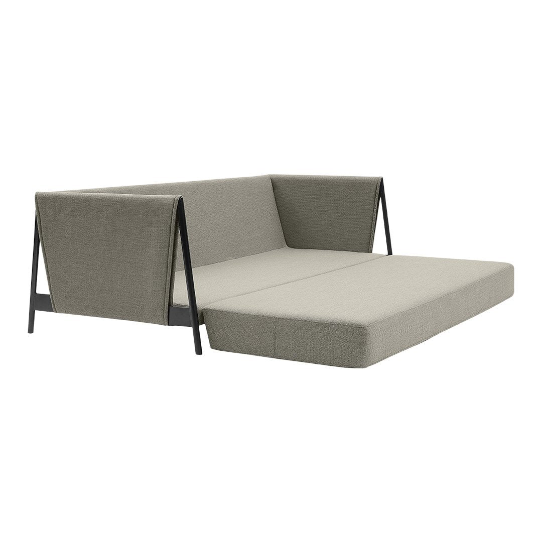 Gray fabric sofa with sleek black metal frame, featuring a minimalist, modern design.