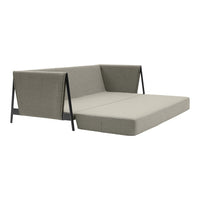 Gray fabric sofa with sleek black metal frame, featuring a minimalist, modern design.