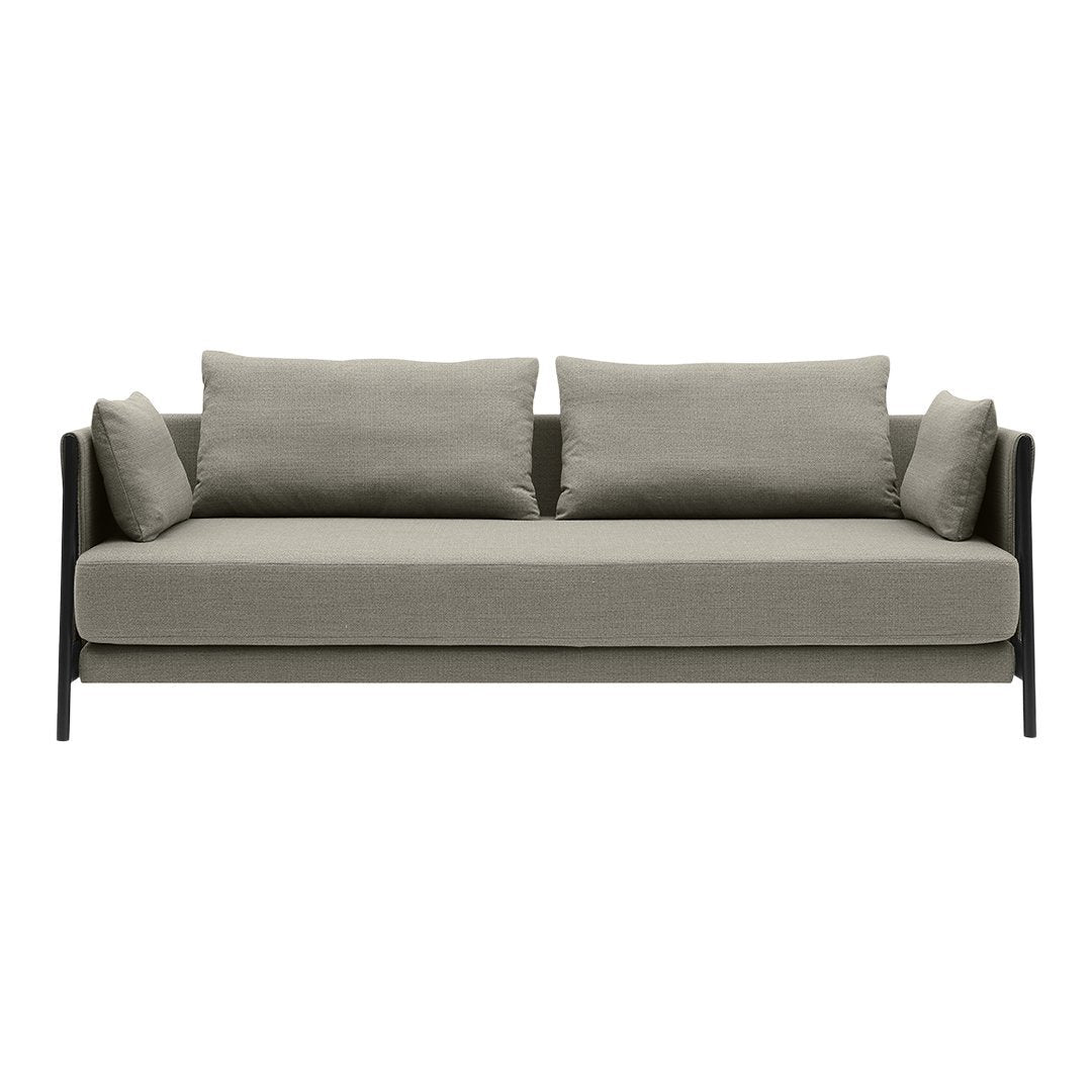 Gray fabric sofa with a sleek black frame and plush cushions for a modern and minimalist look.