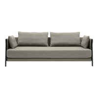 Gray fabric sofa with a sleek black frame and plush cushions for a modern and minimalist look.