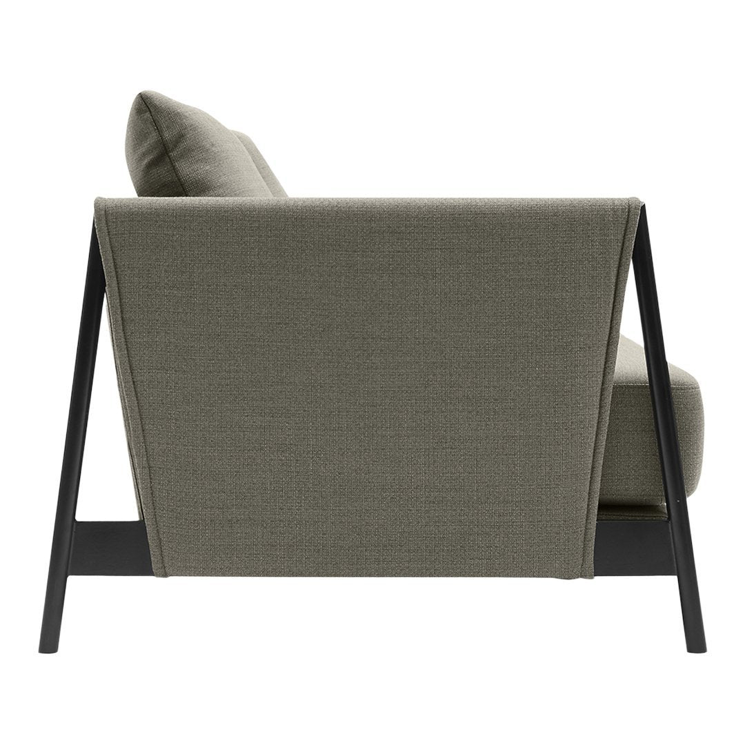 Gray upholstered sofa with a sleek black frame, showcasing a modern, minimalist design.
