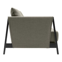 Gray upholstered sofa with a sleek black frame, showcasing a modern, minimalist design.