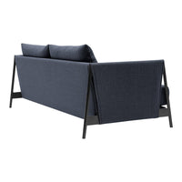 Stylish dark blue fabric sofa with sleek black wooden legs and a minimalist design, perfect for modern interiors.