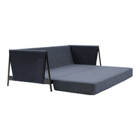 Modern dark gray sofa with a sleek, minimalist design and textured fabric. Perfect for contemporary living spaces.