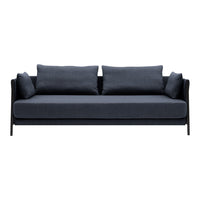 Sleek dark gray sofa with minimalist design and plush cushions, perfect for modern interiors.