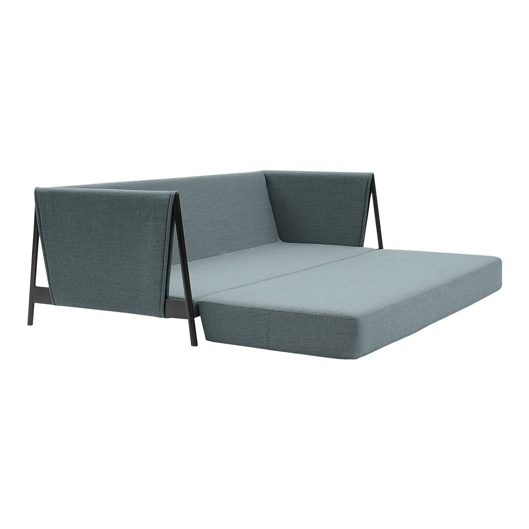 Light gray upholstered sofa with sleek black metal frame and minimalist design, perfect for modern interiors.