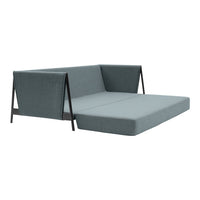 Light gray upholstered sofa with sleek black metal frame and minimalist design, perfect for modern interiors.