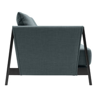 Stylish grey upholstered sofa with a sleek, modern design and contrasting dark wood legs. Perfect for contemporary decor.