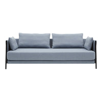 Gray upholstered sofa with two matching cushions, featuring a sleek black frame for a modern touch.