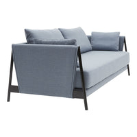 Light blue fabric sofa with black metal legs and removable cushions, featuring a sleek, modern design.