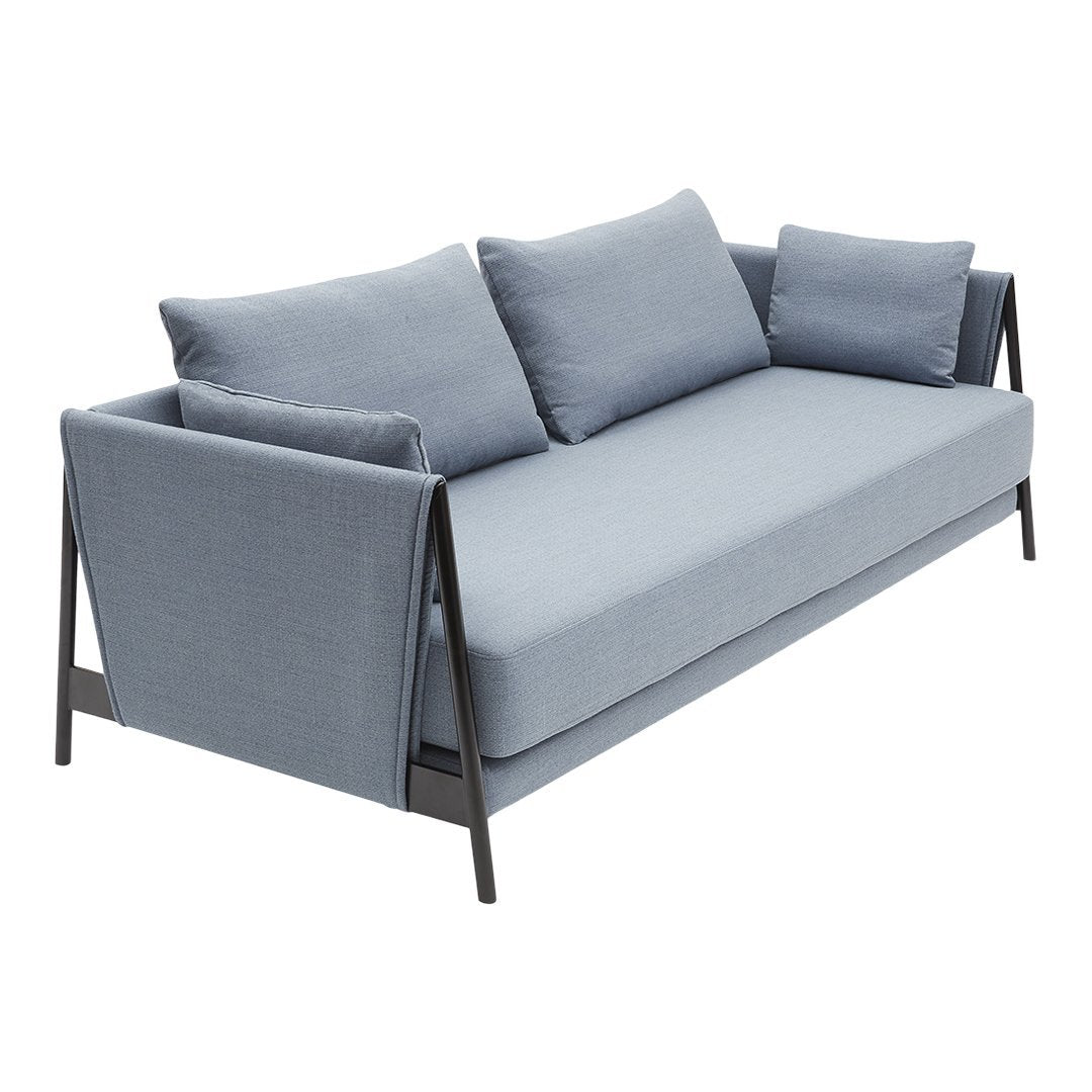 Light blue upholstered sofa with sleek black metal frame and matching cushions, featuring a minimalist design.
