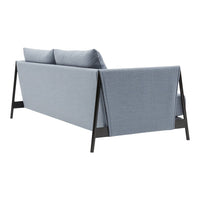 Light blue fabric sofa with simple, modern lines and dark wooden accents. Soft, neutral cushions enhance the design.