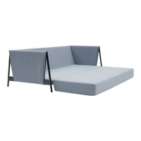 Light gray fabric sofa with sleek black frame, featuring minimalist design and clean lines. Modern and versatile style.