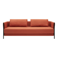 Modern orange sofa with clean lines and two complementing cushions, perfect for contemporary decor.