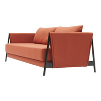 Rust-orange fabric couch with sleek black metal legs and minimalist design. Soft cushions for added comfort.