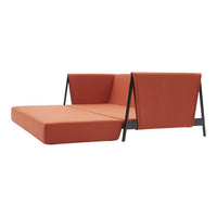Modern orange sofa with sleek black legs, featuring minimalist, geometric design; perfect for contemporary spaces.