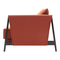 Rust-colored sofa with a smooth texture and modern black metal frame. Minimalist design enhances contemporary decor.