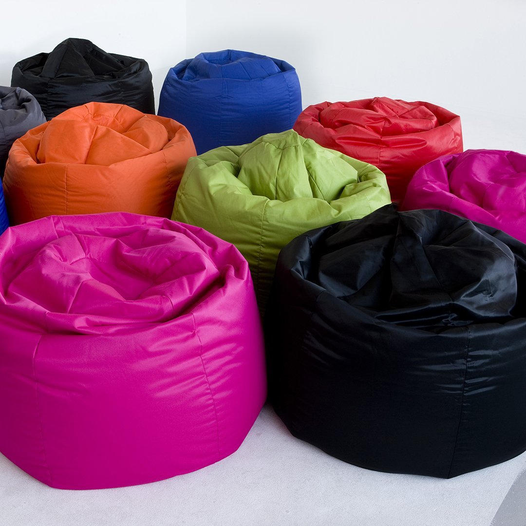 Colorful bean bags in vibrant shades of pink, green, black, orange, and blue, featuring a smooth, shiny texture.