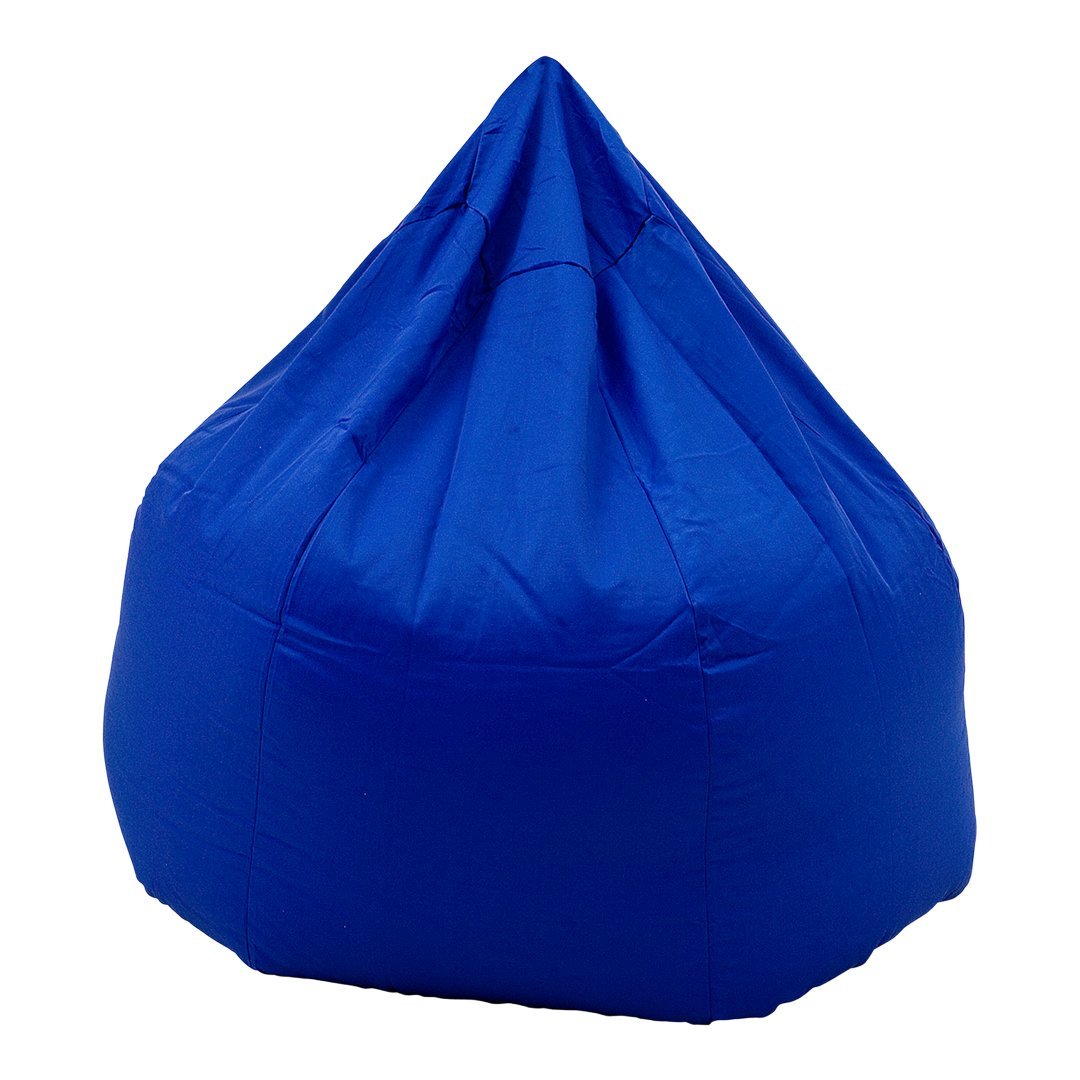 "Vibrant blue bean bag chair in a unique conical shape, featuring a smooth, solid fabric pattern."