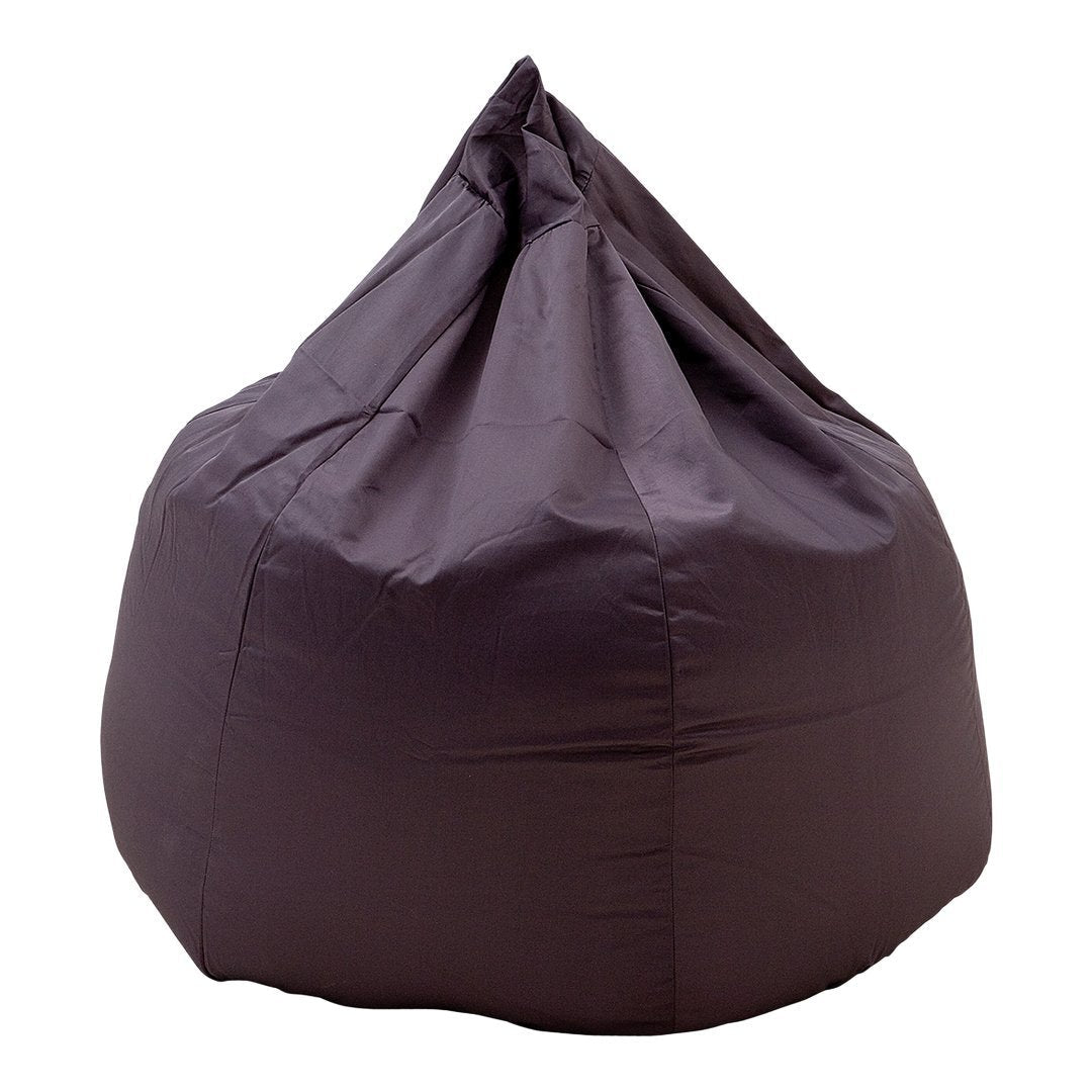 Dark purple bean bag chair with a smooth, solid fabric finish and a pointed top design. Ideal for contemporary decor.