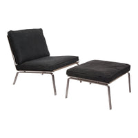Modern black fabric lounge chair and ottoman with sleek metallic legs, perfect for contemporary decor.