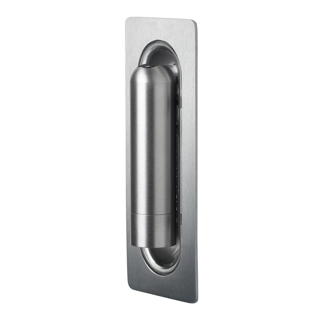 Brushed stainless steel door handle with sleek, modern design and minimalist rectangular backplate.