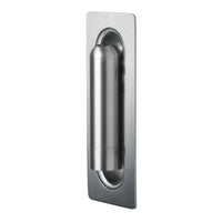 Brushed stainless steel door handle with sleek, modern design and minimalist rectangular backplate.