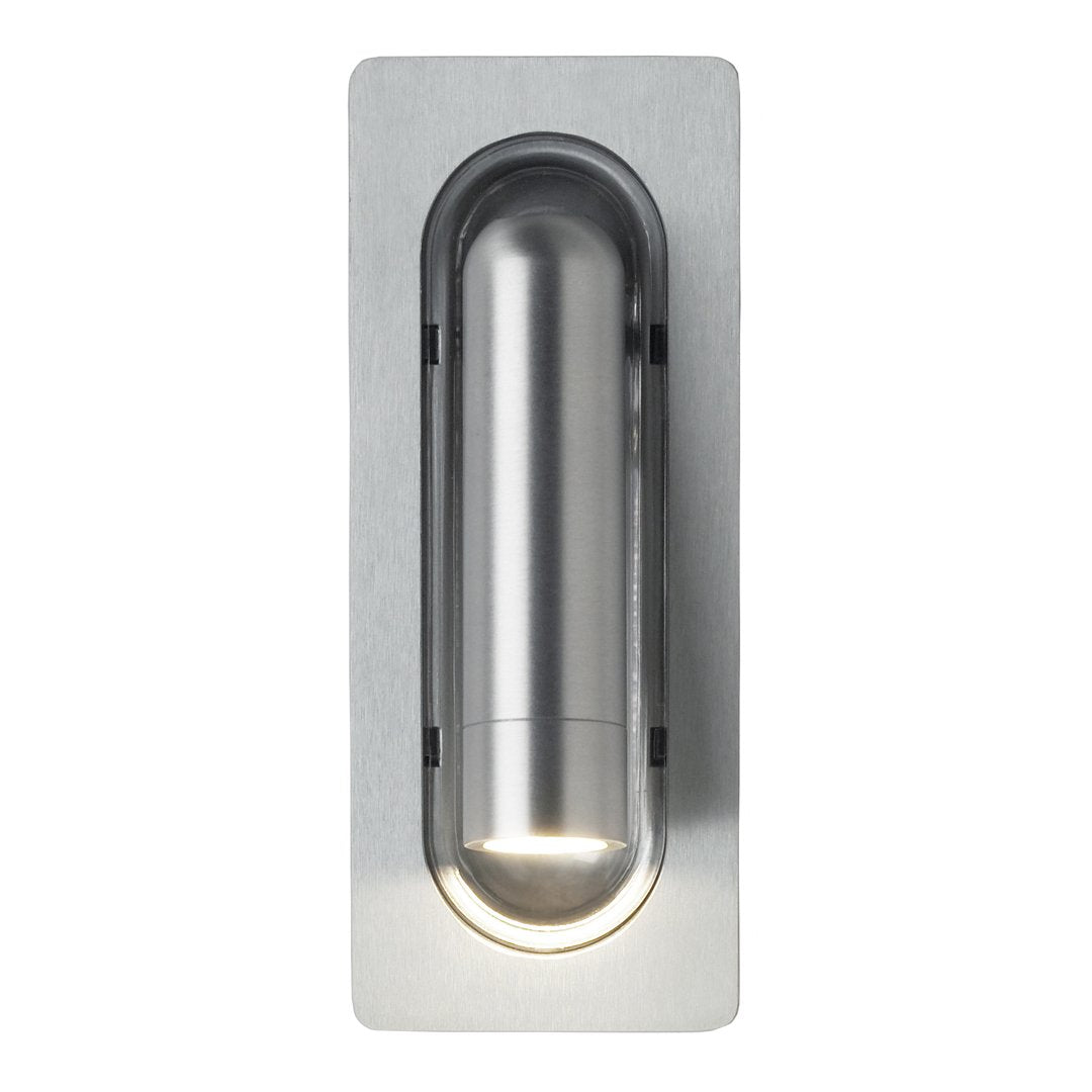Sleek silver wall light with a brushed metal finish and smooth cylindrical design.