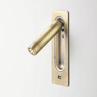 Brushed brass wall-mounted light fixture with a sleek, minimalist design and polished metal accents.