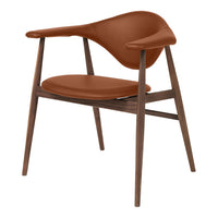 Brown leather chair with a sleek, modern design and wooden legs, featuring smooth curves and clean lines.